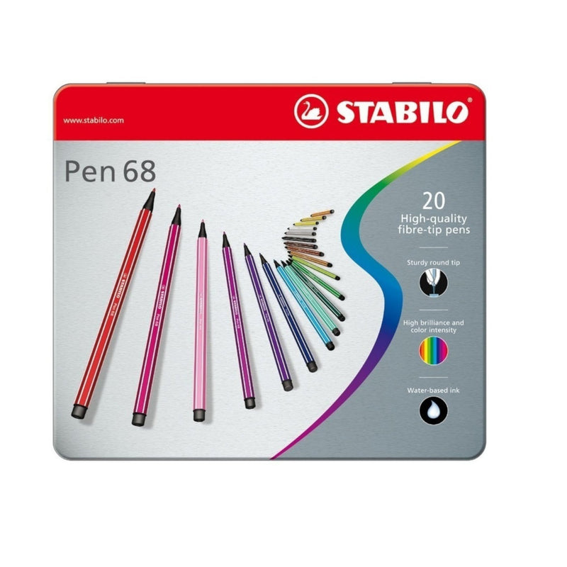 Caja Metálica 20 Colores Stabilo Pen 68 - Entrelíneas Papelería -